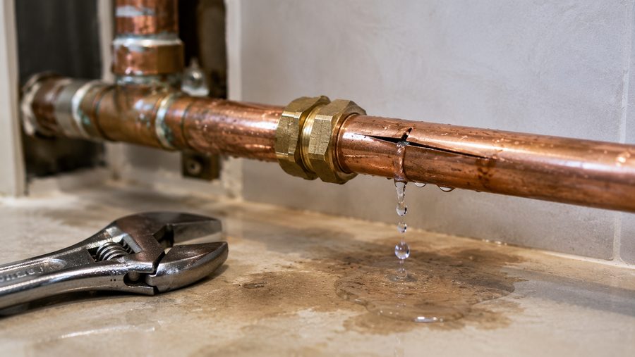 Burst copper pipe being repaired in Exeter
