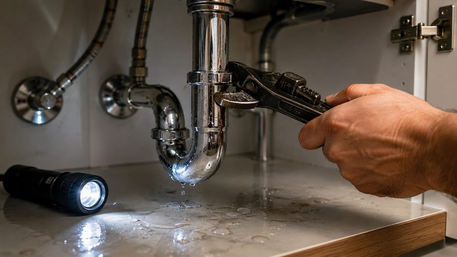 Emergency plumber repairing a pipe under a sink in Exeter