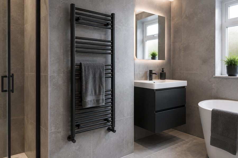 Black heated towel rail fitted in Exeter