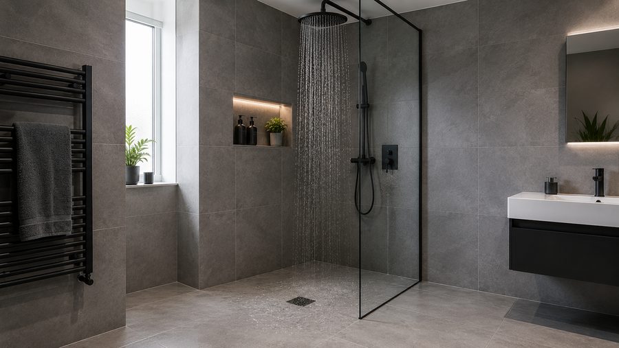 Modern tiled wet room fitted in Exeter